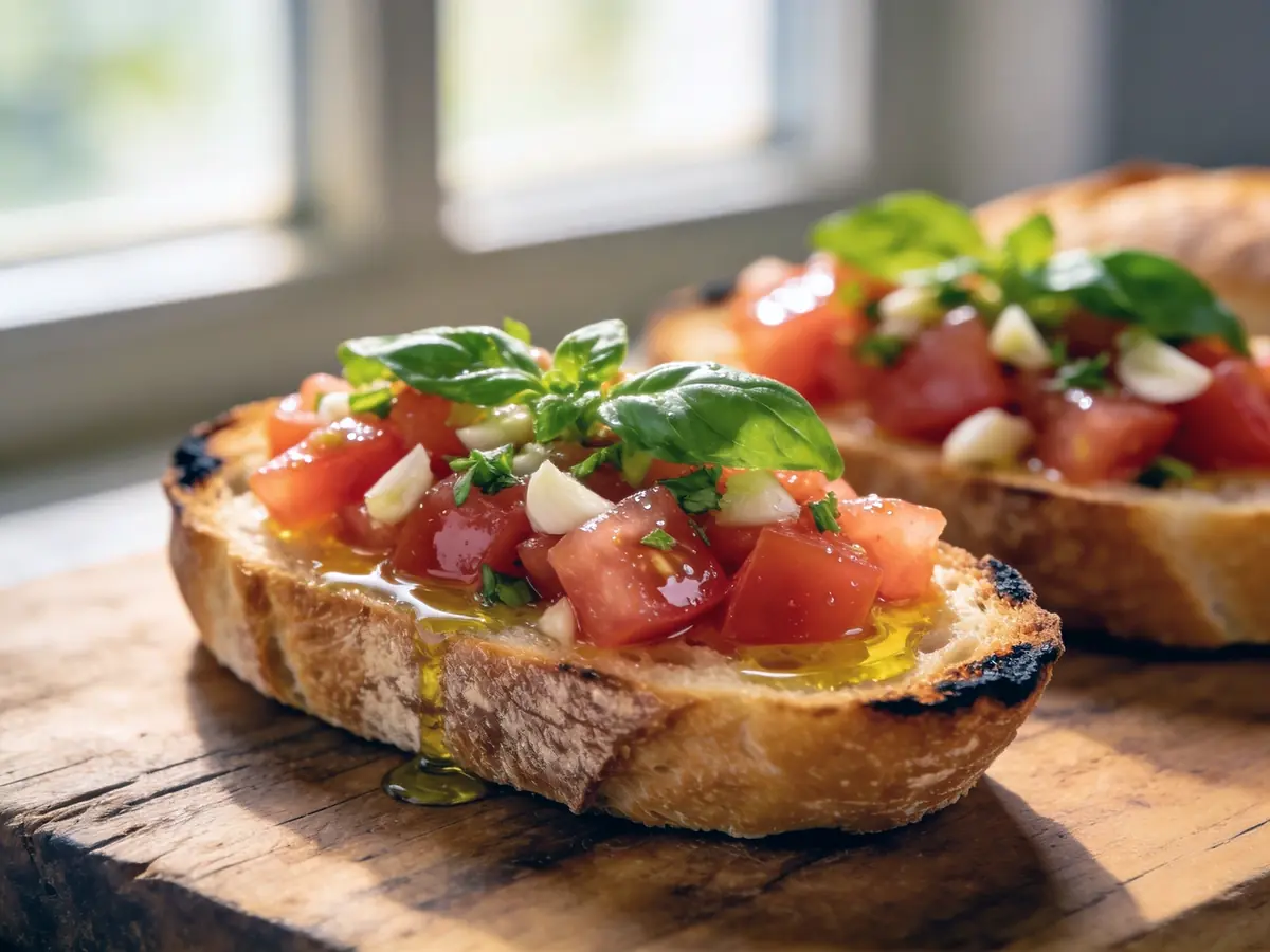 Bruschetta with baguette, basil and bell pepper — Italy recipe