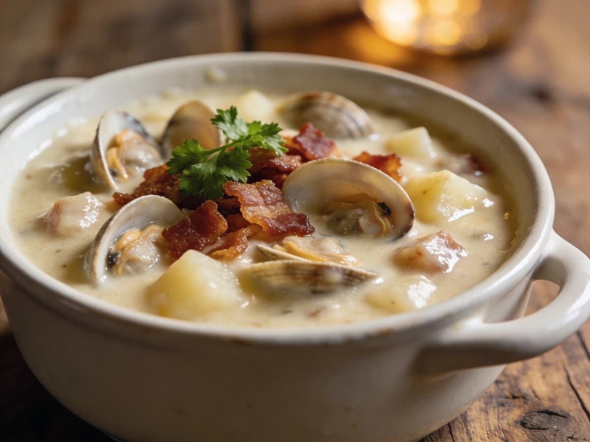 New England Clam Chowder with seafood, cream and potato — USA recipe