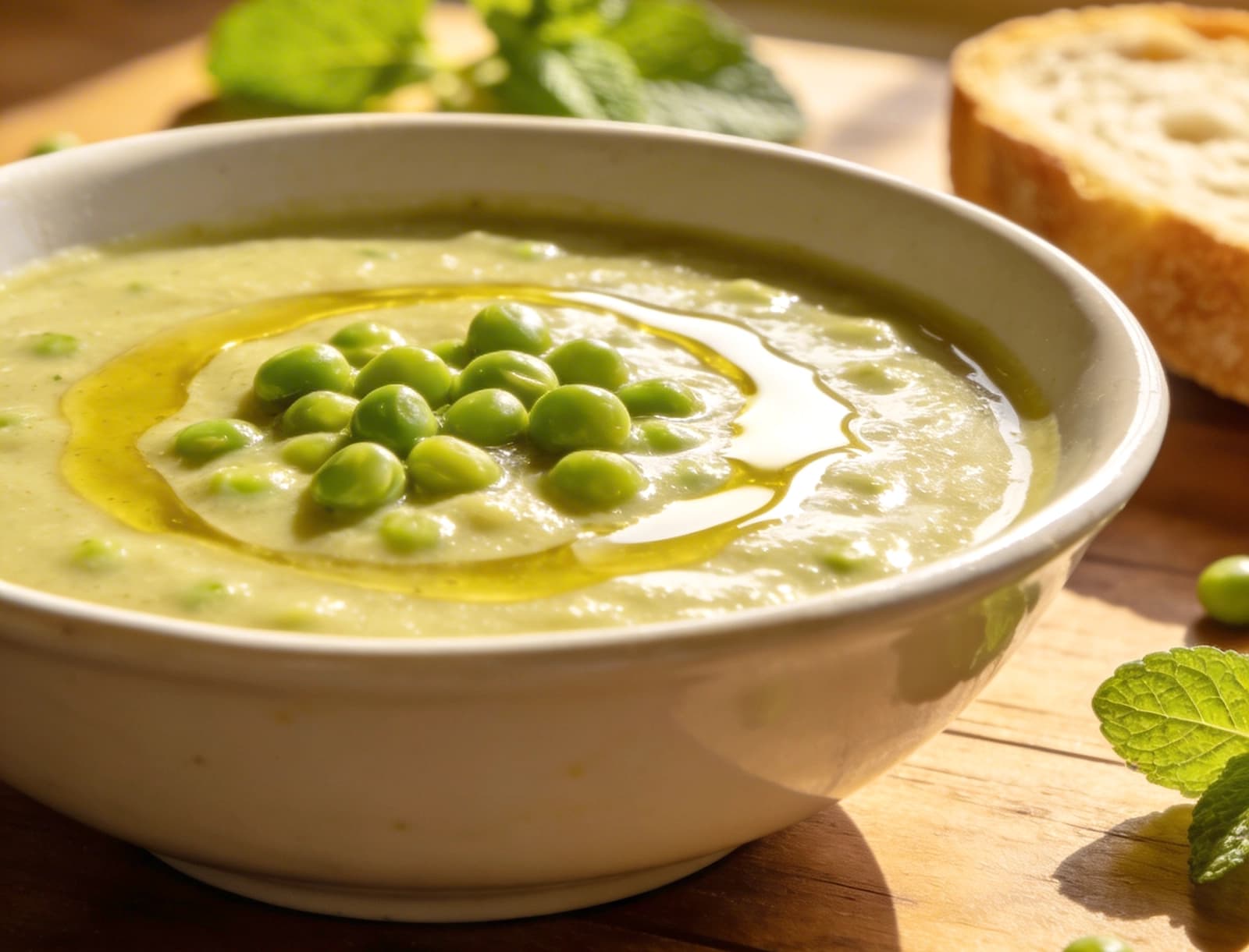 Creamy Pea Soup with bay leaf, black pepper and butter — France recipe