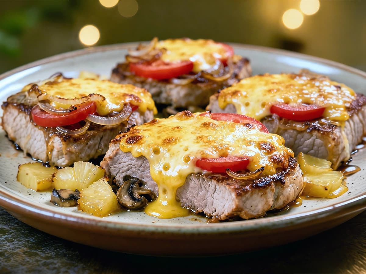 Meat in French Style with pork neck or loin, hard cheese gouda or edam and tomatoes — Russia recipe