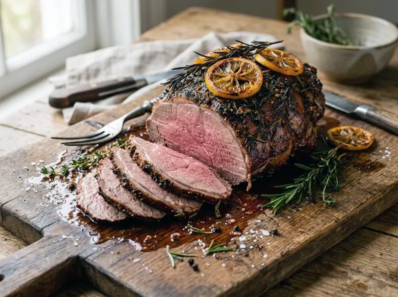 Roasted leg of lamb with
