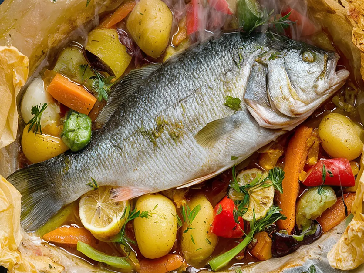 Sea Bass Baked in Paper with caper, fish and garlic — France recipe