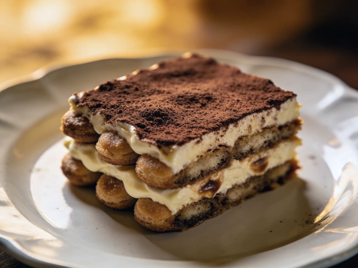 Tiramisu with amaretto liqueur, biscuit sticks and cheese — Italy recipe